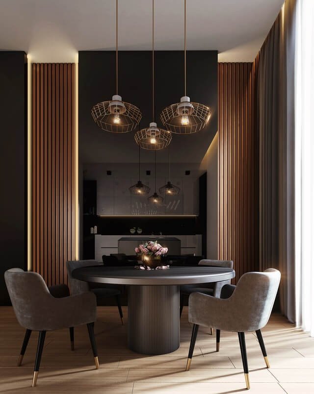 Services gray dining table under pendant lamps